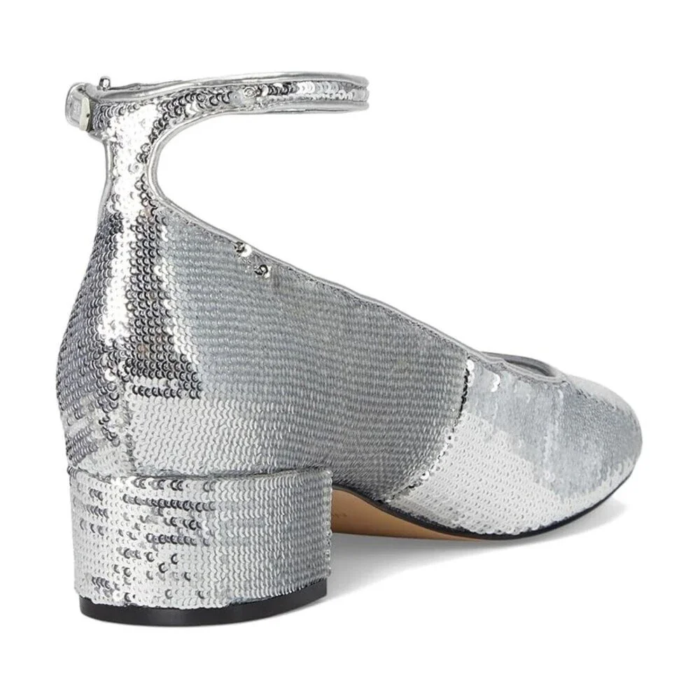 Nine West Amaize Dress Pump Women 12 Silver Sequin Block Heel Ankle Strap VER279